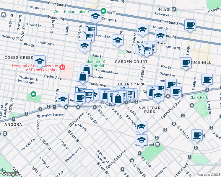 map of restaurants, bars, coffee shops, grocery stores, and more near 5011 Walton Avenue in Philadelphia