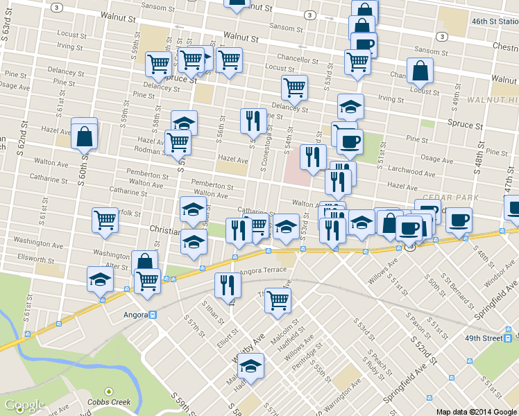 map of restaurants, bars, coffee shops, grocery stores, and more near 5448 Catharine Street in Philadelphia