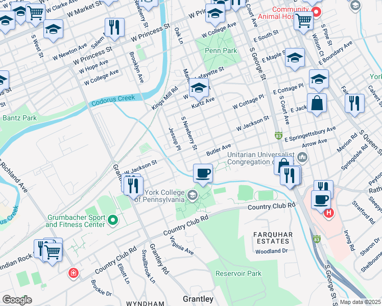 map of restaurants, bars, coffee shops, grocery stores, and more near 828 South Newberry Street in York