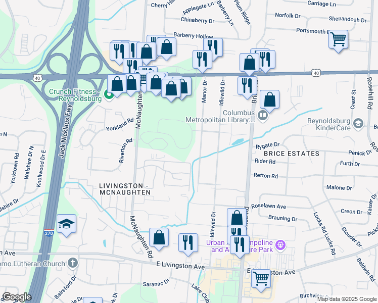 map of restaurants, bars, coffee shops, grocery stores, and more near 6275 McNaughten Lakes Drive in Columbus