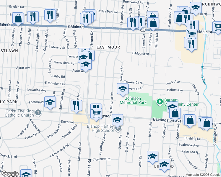 map of restaurants, bars, coffee shops, grocery stores, and more near 1071 South Hampton Road in Columbus
