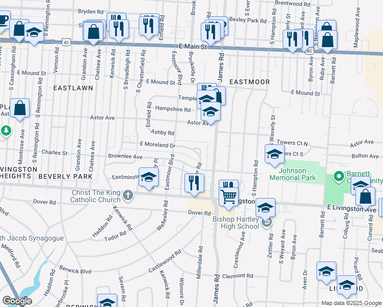 map of restaurants, bars, coffee shops, grocery stores, and more near 1049 South Kellner Road in Columbus