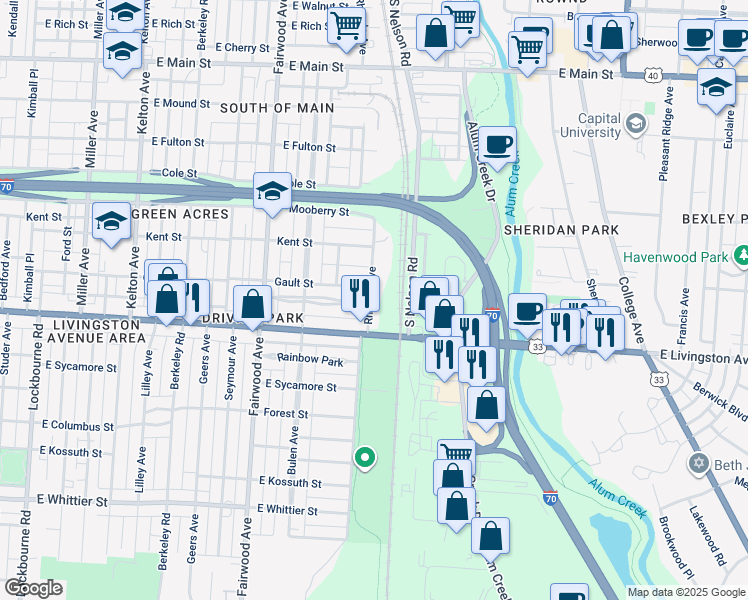 map of restaurants, bars, coffee shops, grocery stores, and more near 1826 East Livingston Avenue in Columbus