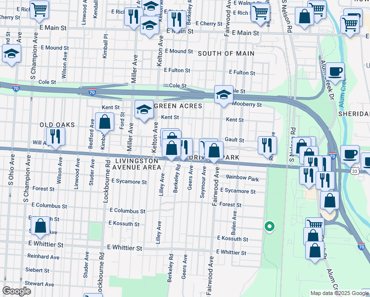 map of restaurants, bars, coffee shops, grocery stores, and more near 1566 Newton Street in Columbus