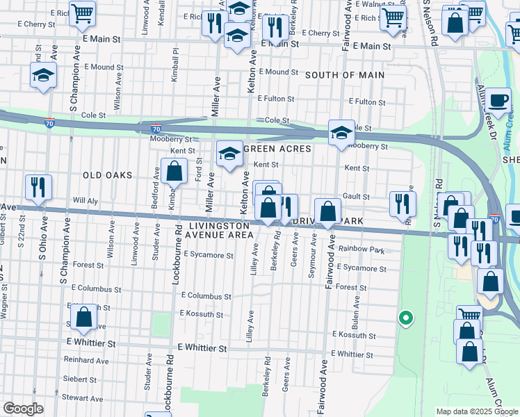 map of restaurants, bars, coffee shops, grocery stores, and more near 1500 East Livingston Avenue in Columbus