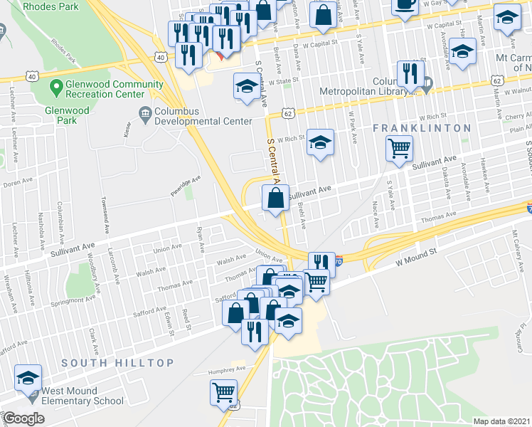 map of restaurants, bars, coffee shops, grocery stores, and more near 411 South Central Avenue in Columbus