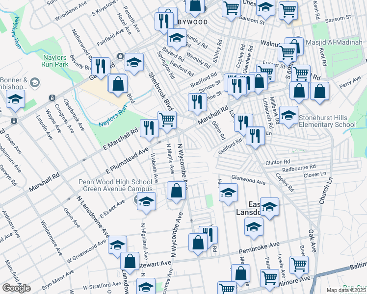 map of restaurants, bars, coffee shops, grocery stores, and more near 279 North Wycombe Avenue in Lansdowne