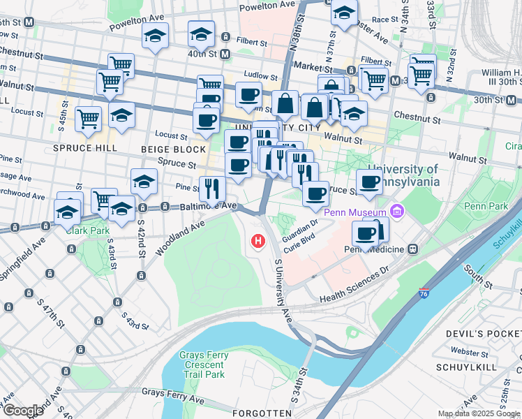 map of restaurants, bars, coffee shops, grocery stores, and more near 401 South University Avenue in Philadelphia
