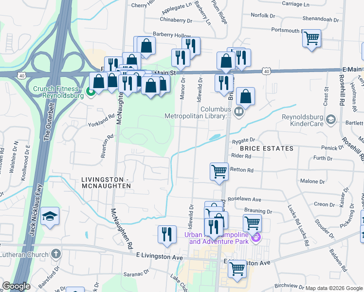 map of restaurants, bars, coffee shops, grocery stores, and more near 1472 Manor Drive in Columbus