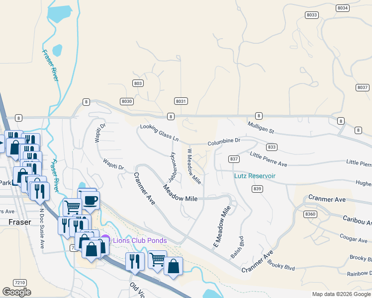 map of restaurants, bars, coffee shops, grocery stores, and more near 204 County Road 840 in Fraser