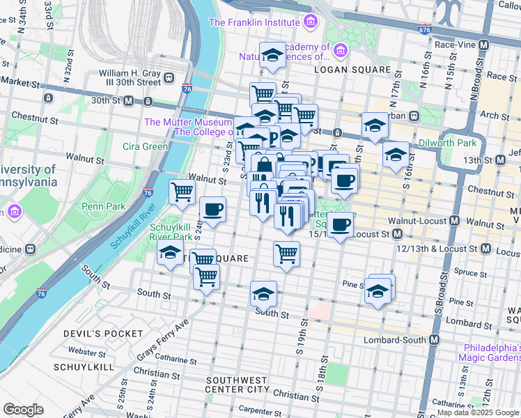 map of restaurants, bars, coffee shops, grocery stores, and more near 2105 Locust Street in Philadelphia