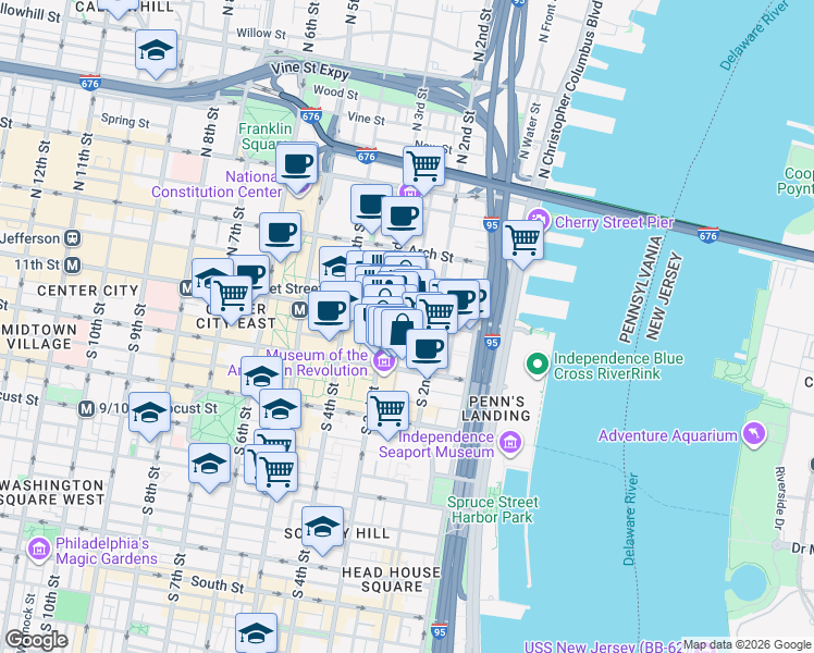 map of restaurants, bars, coffee shops, grocery stores, and more near in Philadelphia