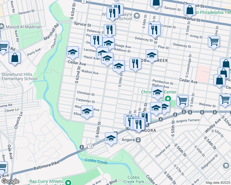 map of restaurants, bars, coffee shops, grocery stores, and more near 5905 Christian Street in Philadelphia