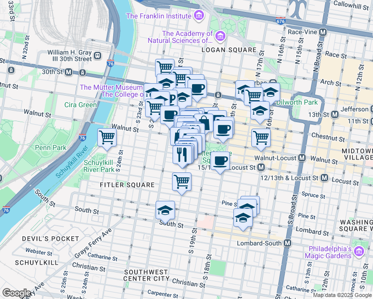 map of restaurants, bars, coffee shops, grocery stores, and more near 226 South 20th Street in Philadelphia