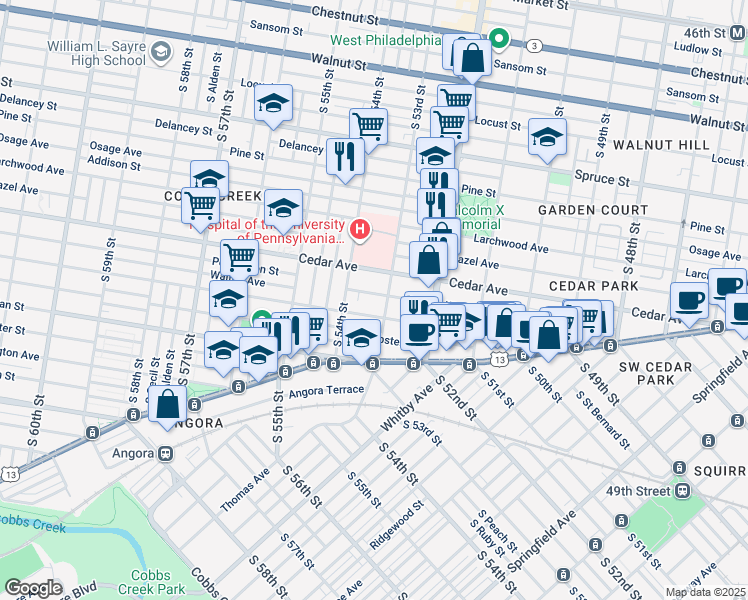 map of restaurants, bars, coffee shops, grocery stores, and more near 5314 Walton Avenue in Philadelphia