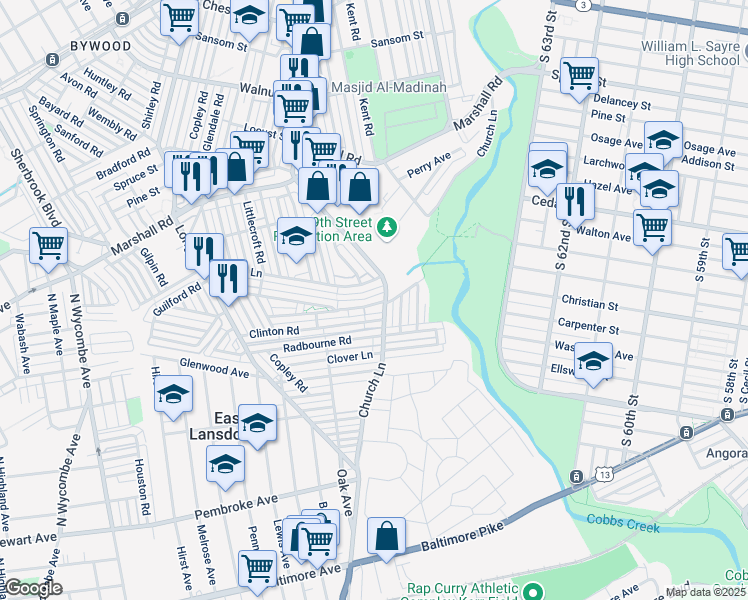 map of restaurants, bars, coffee shops, grocery stores, and more near 6911 Guilford Road in Upper Darby