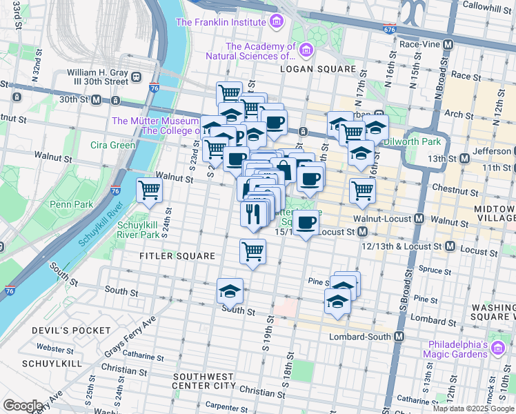 map of restaurants, bars, coffee shops, grocery stores, and more near 226 South 20th Street in Philadelphia