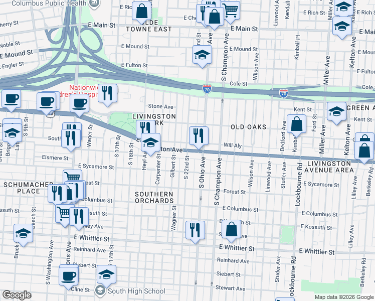map of restaurants, bars, coffee shops, grocery stores, and more near E Livingston Ave & S 22nd St in Columbus