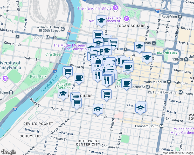 map of restaurants, bars, coffee shops, grocery stores, and more near 2105 Locust Street in Philadelphia