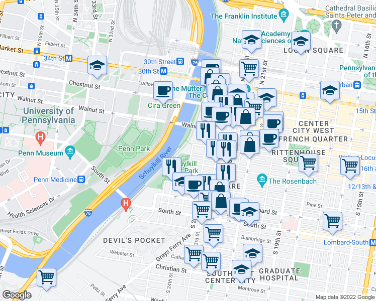 map of restaurants, bars, coffee shops, grocery stores, and more near 210 South 25th Street in Philadelphia
