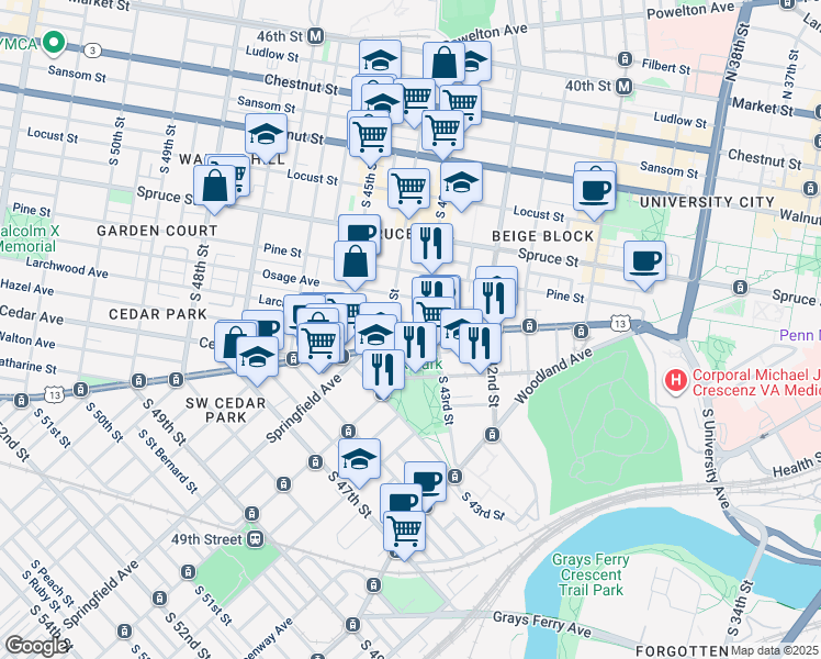 map of restaurants, bars, coffee shops, grocery stores, and more near 4324 Larchwood Avenue in Philadelphia