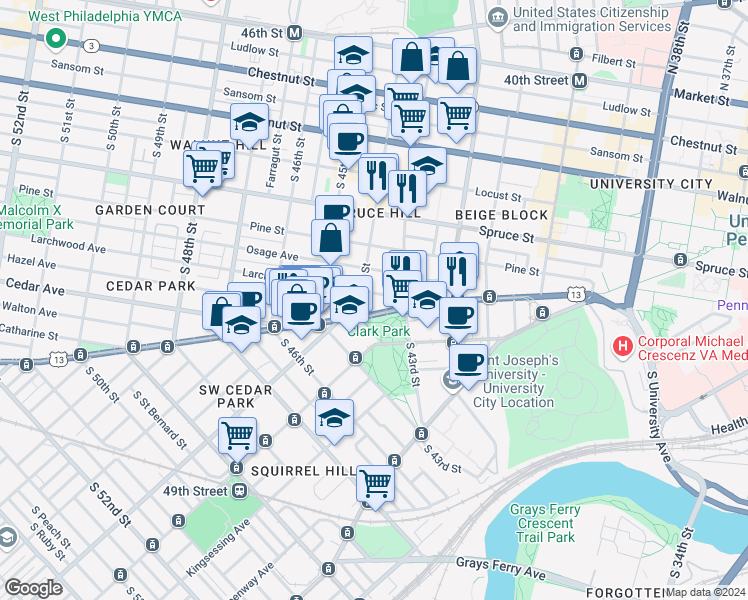 map of restaurants, bars, coffee shops, grocery stores, and more near 4332 Larchwood Avenue in Philadelphia