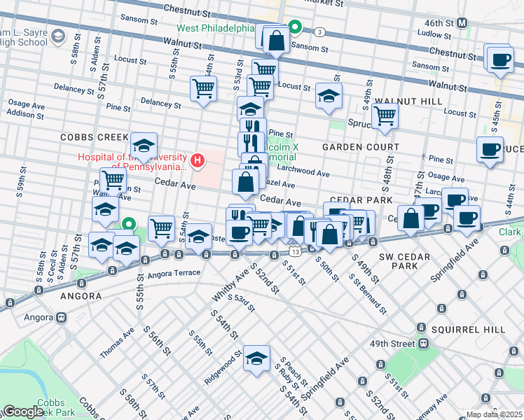 map of restaurants, bars, coffee shops, grocery stores, and more near 5141 Walton Avenue in Philadelphia