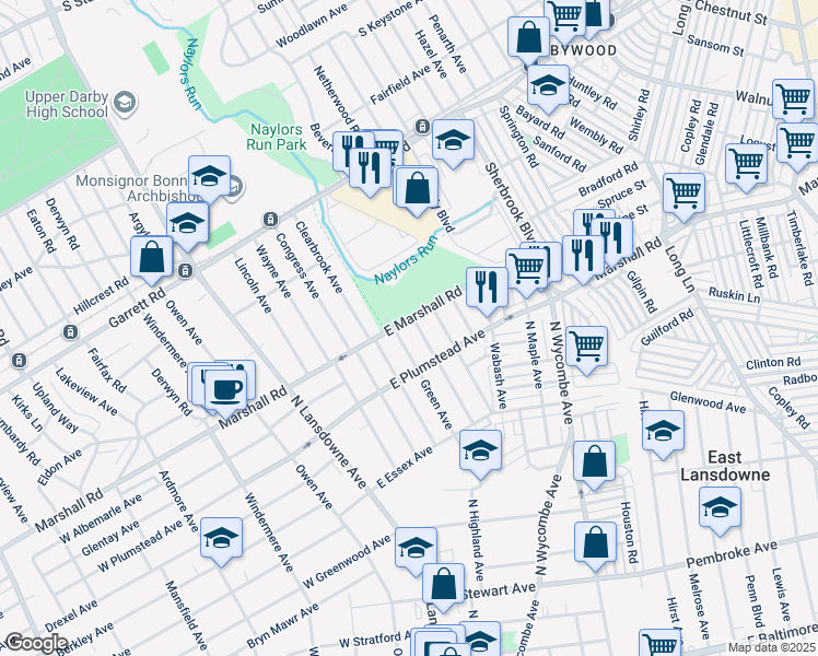 map of restaurants, bars, coffee shops, grocery stores, and more near 102 East Marshall Road in Lansdowne
