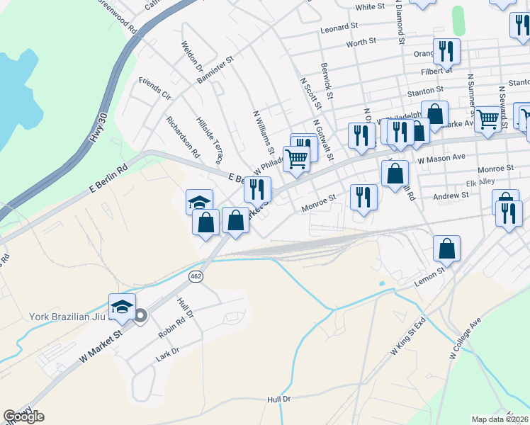 map of restaurants, bars, coffee shops, grocery stores, and more near 2510 West Market Street in York