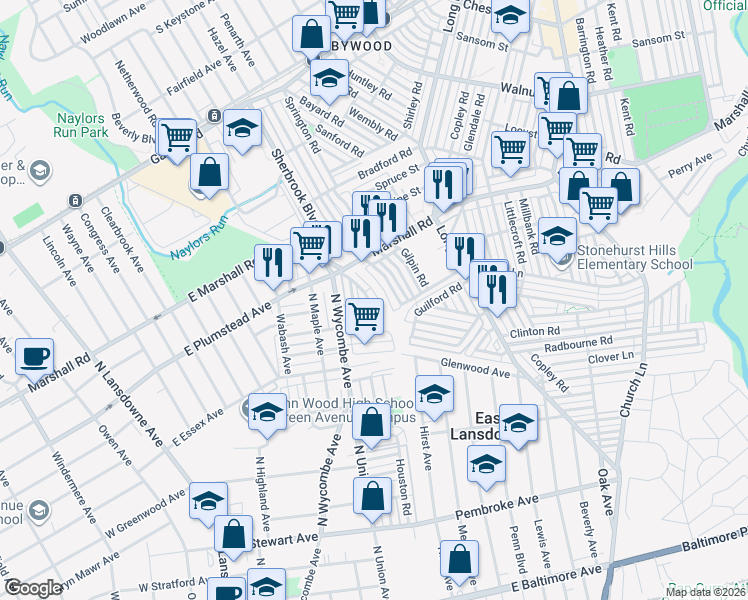 map of restaurants, bars, coffee shops, grocery stores, and more near 226 Guilford Road in Lansdowne