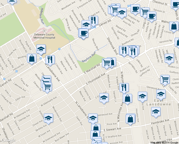 map of restaurants, bars, coffee shops, grocery stores, and more near 102 East Marshall Road in Lansdowne