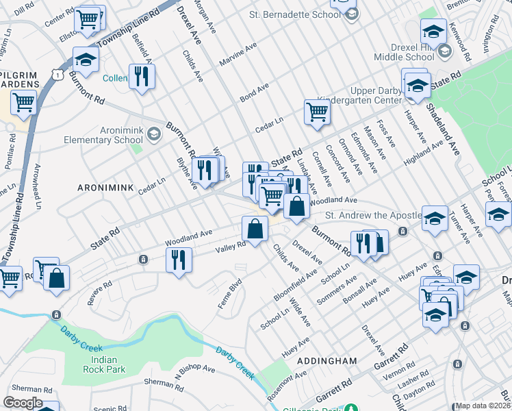 map of restaurants, bars, coffee shops, grocery stores, and more near 732 Burmont Road in Upper Darby