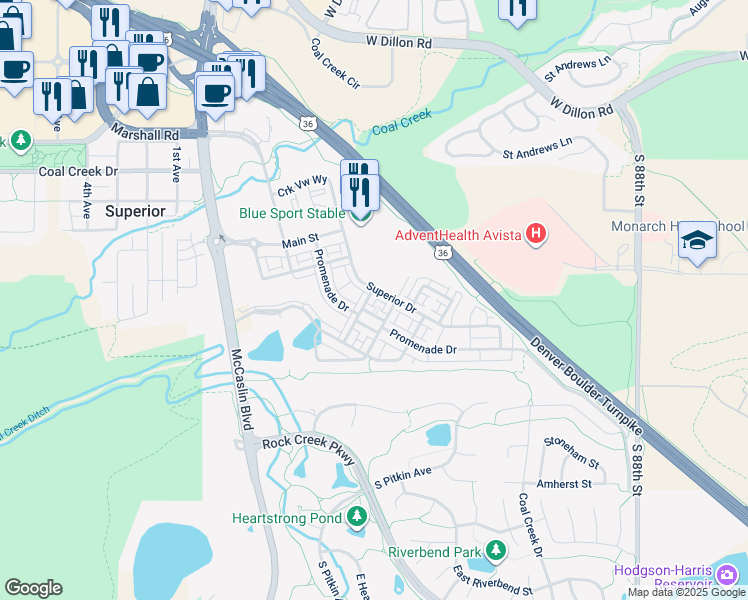 map of restaurants, bars, coffee shops, grocery stores, and more near 2339 Village Green Way in Superior