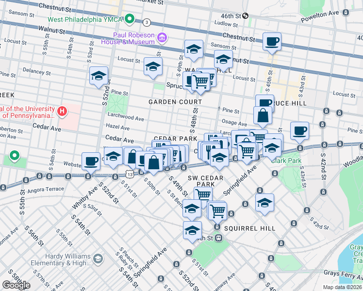 map of restaurants, bars, coffee shops, grocery stores, and more near 4819 Cedar Avenue in Philadelphia