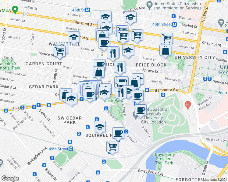 map of restaurants, bars, coffee shops, grocery stores, and more near 4324 Larchwood Avenue in Philadelphia