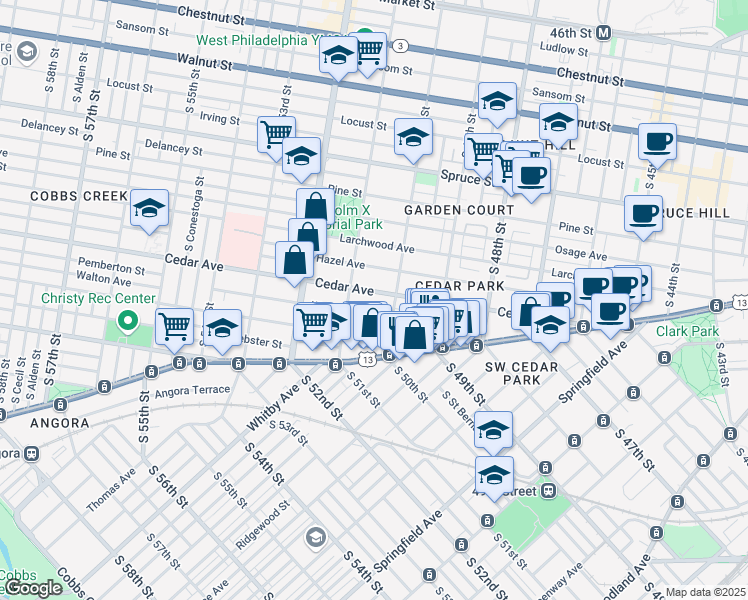 map of restaurants, bars, coffee shops, grocery stores, and more near 5022 Cedar Avenue in Philadelphia