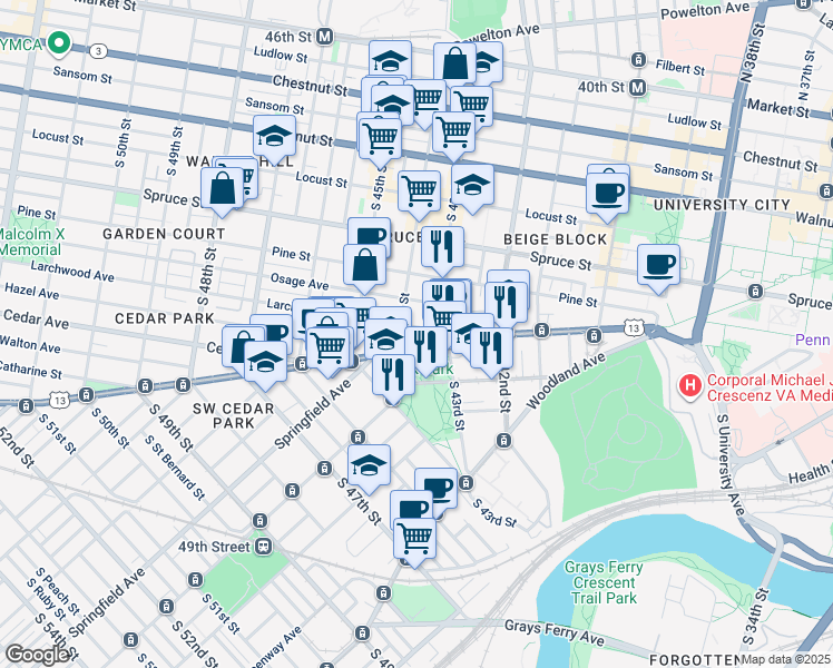 map of restaurants, bars, coffee shops, grocery stores, and more near 4328 Larchwood Ave in Philadelphia