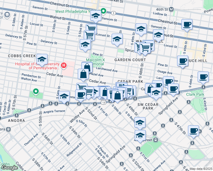 map of restaurants, bars, coffee shops, grocery stores, and more near 5020 Cedar Ave in Philadelphia
