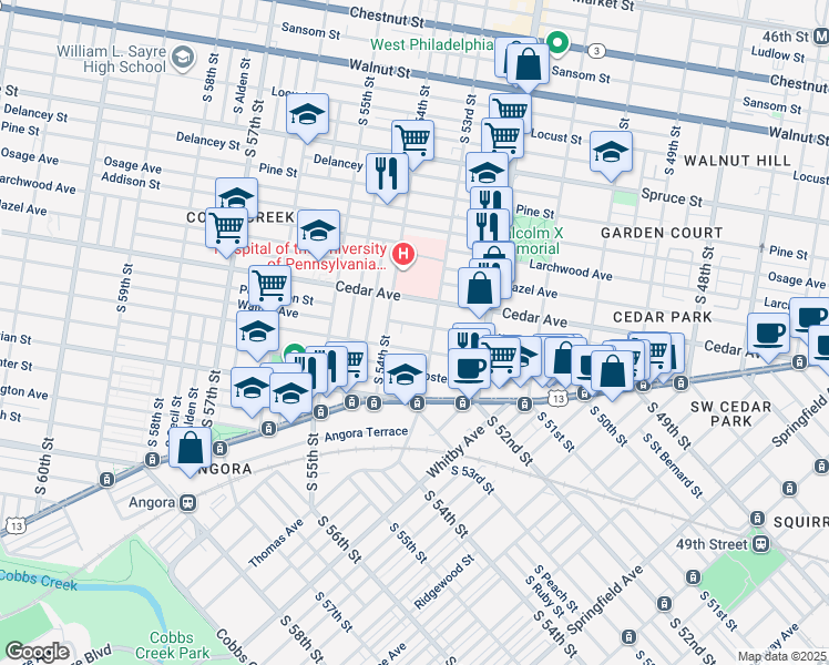 map of restaurants, bars, coffee shops, grocery stores, and more near 5320 Walton Avenue in Philadelphia