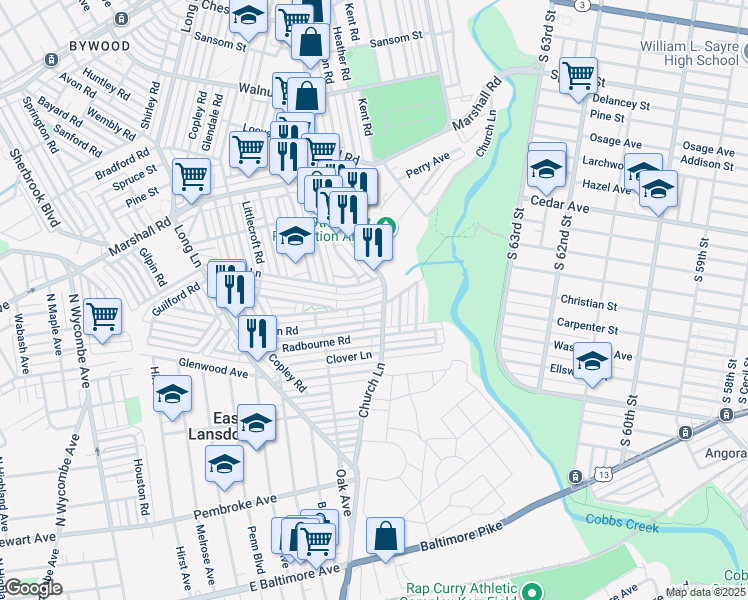 map of restaurants, bars, coffee shops, grocery stores, and more near 6909 Guilford Road in Upper Darby