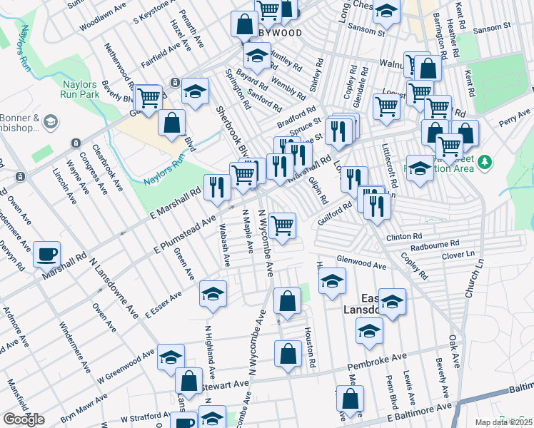 map of restaurants, bars, coffee shops, grocery stores, and more near 279 North Wycombe Avenue in Lansdowne