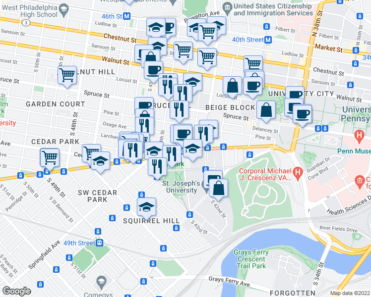 map of restaurants, bars, coffee shops, grocery stores, and more near 4235 Baltimore Avenue in Philadelphia