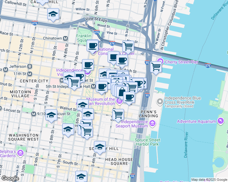 map of restaurants, bars, coffee shops, grocery stores, and more near in Philadelphia