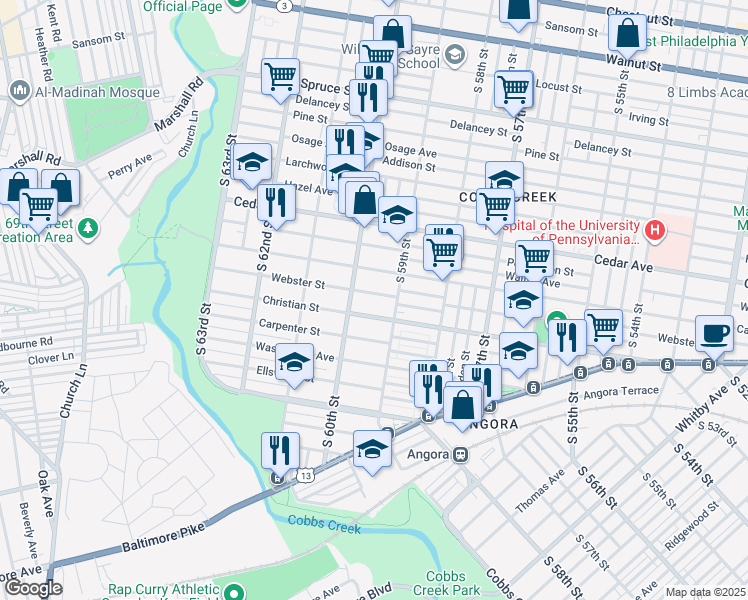 map of restaurants, bars, coffee shops, grocery stores, and more near 755 South 60th Street in Philadelphia