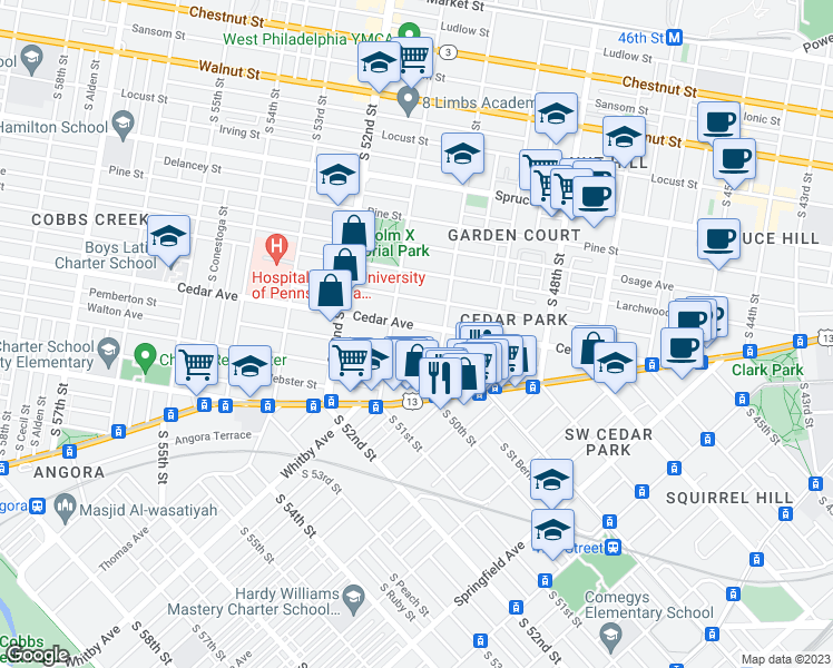 map of restaurants, bars, coffee shops, grocery stores, and more near 5024 Cedar Avenue in Philadelphia
