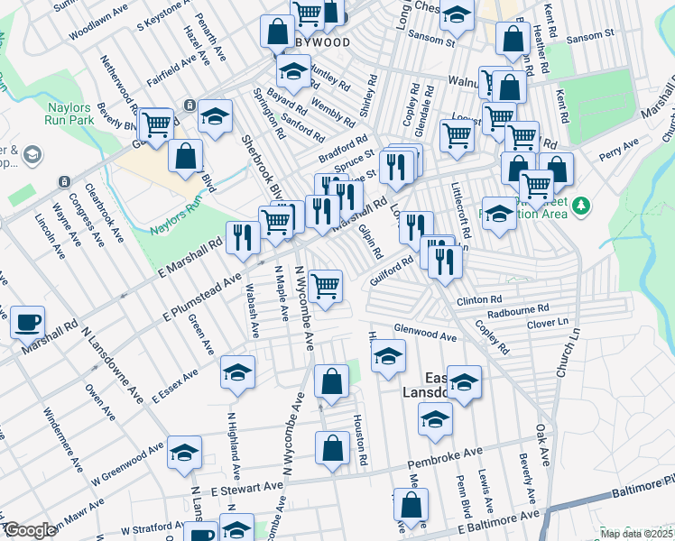 map of restaurants, bars, coffee shops, grocery stores, and more near 241 Coverly Road in Lansdowne