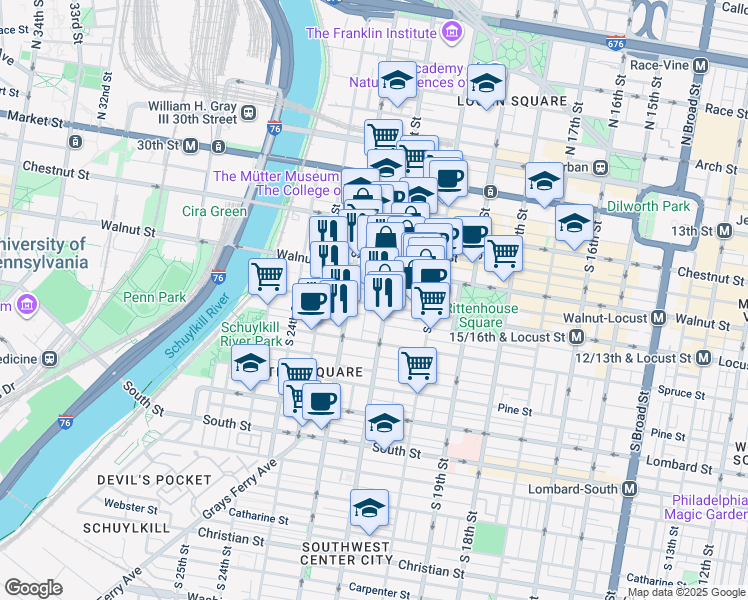 map of restaurants, bars, coffee shops, grocery stores, and more near 2115 Locust Street in Philadelphia