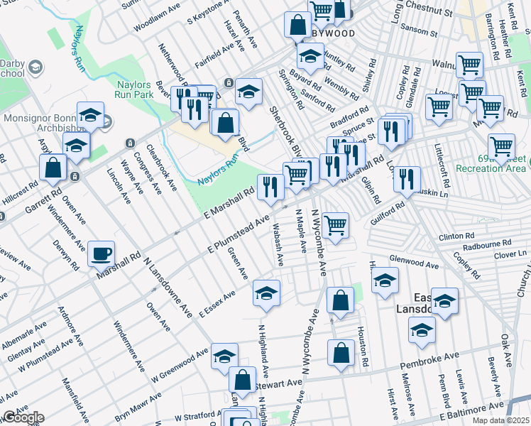 map of restaurants, bars, coffee shops, grocery stores, and more near 133 East Plumstead Avenue in Lansdowne