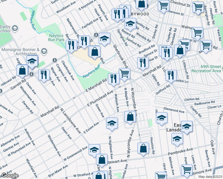 map of restaurants, bars, coffee shops, grocery stores, and more near 133 East Plumstead Avenue in Lansdowne