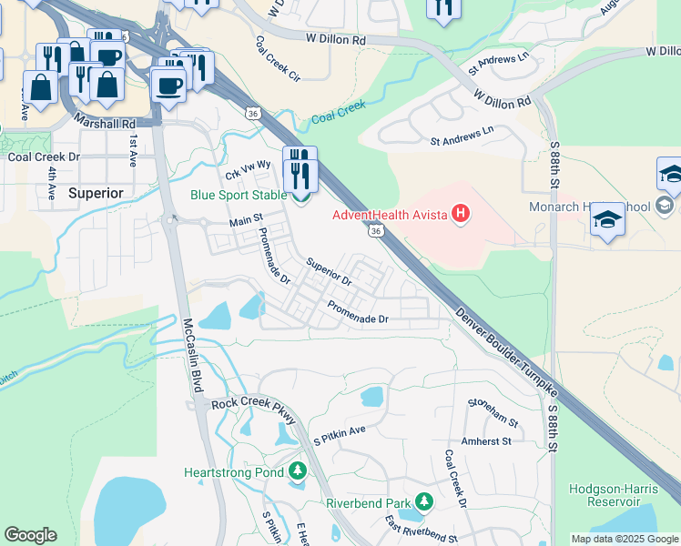 map of restaurants, bars, coffee shops, grocery stores, and more near 705 Superior Drive in Superior